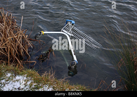 Shopping trolley dumped in lake Stock Photo