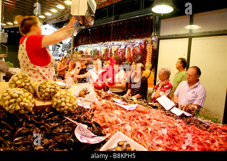 Fresh fish for sale at the Mercat de Sant Josep La Boqueria just off the La Rambla de Sant Joseph in Barcelona Spain Stock Photo