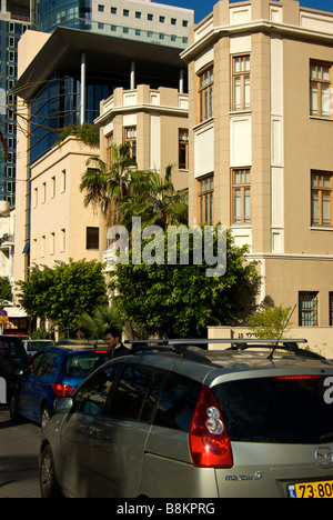 Old low rise apartment building in style of Bauhaus architectural design Tel Aviv Jaffa Israel Stock Photo