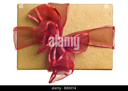 gold gift with red bow isolated on white background Stock Photo