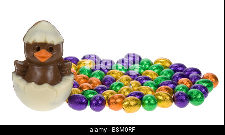 cute easter chick surrounded by chocolate easter eggs isolated on a white background Stock Photo