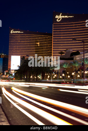 Car trails on the Las Vegas strip with the Wynn and Encore hotel and casino on the background, Las Vegas, Nevada, USA Stock Photo