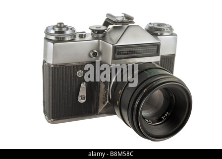 Old photographic camera with lens close up Stock Photo