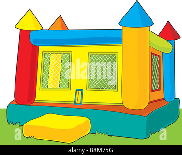 A colorful bounce castle set outdoors on white background Stock Photo