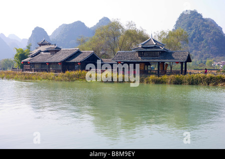 China Guangxi Province Guilin Yangshuo pavilions near the lake Stock Photo