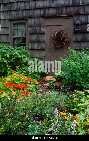 This Colonial-style dooryard herb adn vegetable garden features historically correct plants and a grapevine wreath on the door.