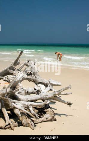 India Andaman and Nicobar Havelock island one woman alone on perfect tropical beach Stock Photo