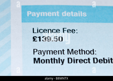 A close up of a uk tv television licence showing the annual fee of £139.50