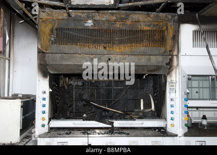 Chemistry laboratory fume extraction cabinet burnt after fire and explosion Stock Photo