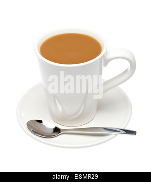 Cup of coffee on saucer with spoon on white cutout Stock Photo