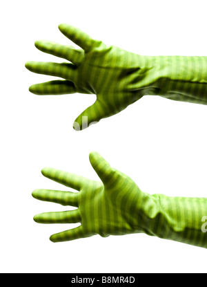 Female hands in rubber gloves stretching on white cutout MR Stock Photo