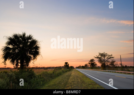 The Tamiami Trail (US 41) at sunset in the Big Cypress National Preserve, Florida Everglades, Florida, USA Stock Photo