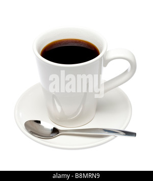 Cup of black coffee on saucer with spoon on white cutout Stock Photo