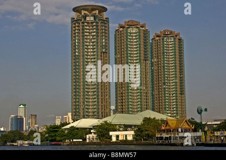 The skyline of bangkok from the river Mae Nam Chao Phraya Stock Photo