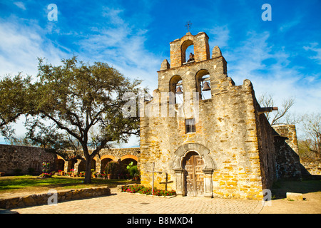 Wide angle of Mission Espada, Mission Trail, San Antonio, Texas, USA Stock Photo