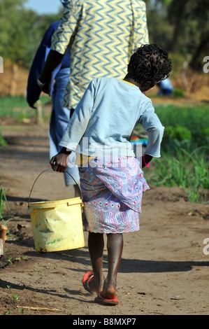 Child carries a bucket of water from a well, The Gambia, West Africa Stock Photo