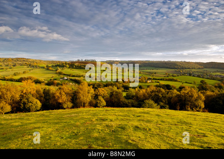 Rolling Cotswolds hills near Uley from Cam Long Down Cotswolds Gloucestershire England UK Stock Photo