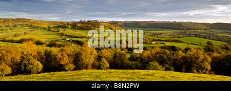 Rolling Cotswolds hills near Uley from Cam Long Down Cotswolds Gloucestershire England UK Stock Photo