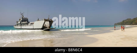 India Andaman and Nicobar Havelock island Indian navy landing craft on Radha Nagar beach Stock Photo