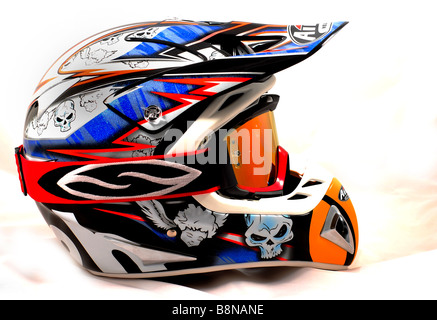 Professional motocross safety goggles on a safety helmet Stock Photo
