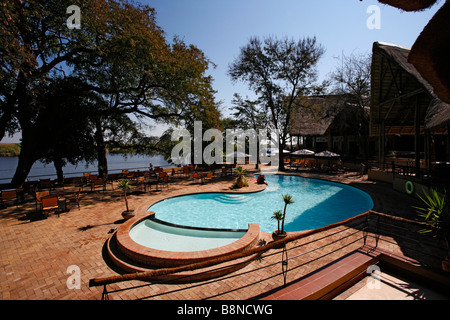 The pool area at the Chobe Safari Lodge overlooking the Chobe River Stock Photo