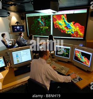 3D visualization and geological modelling suite being used by geologists to interpret seismic data from an oilfield Stock Photo
