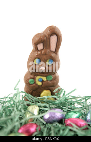 A chocolate easter bunny sitting in a nest with foil covered chocolate eggs Shallow depth of field with focus on bunny s face Stock Photo