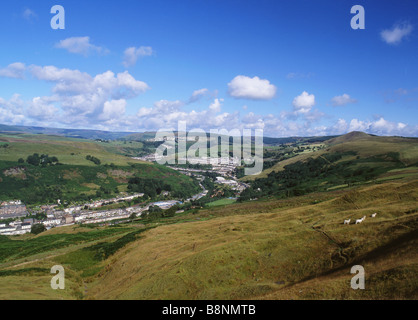 Rhondda Fach Valley View over Ynyshir and Wattstown Typical rows of terraced houses South Wales UK Stock Photo