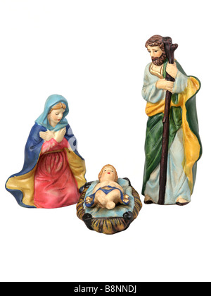 Figurines of Mary, Joseph, and Baby Jesus for Christmas Stock Photo