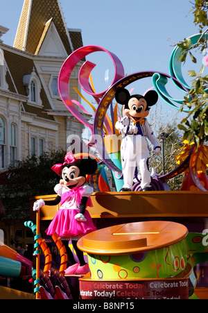 Mickey and Minnie Mouse on parade float, Main Street USA, Walt Disney World Magic Kingdom theme park, Orlando, Florida, USA Stock Photo
