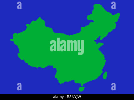 Green outline map of China isolated on blue background Stock Photo