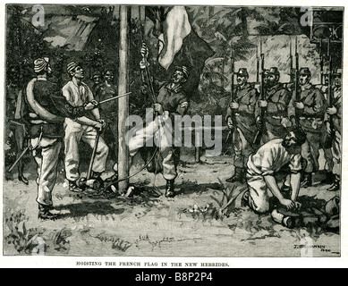 hoisting french flag new hebrides 1886 South Pacific Vanuatu British Stock Photo