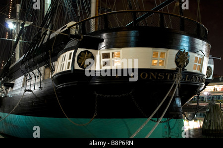 A detailed view of the USS Constellation museum at night,  Baltimore Maryland Inner Harbor Stock Photo