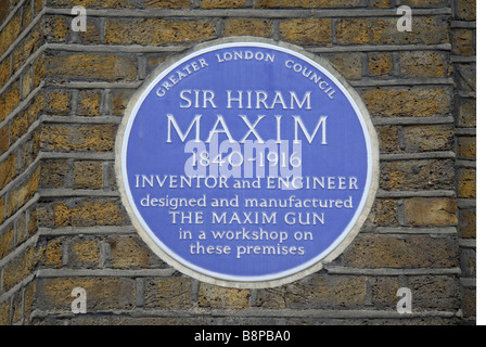 A blue plaque (57d Hatton Garden, London) for the inventor of the Maxim gun, Sir Hiram Maxin, London.  Feb 2009 Stock Photo