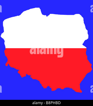 Red outline map of Poland in colors of flag isolated on blue with clipping path Stock Photo