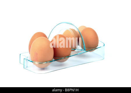 Six brown eggs in an egg rack against a white background Stock Photo