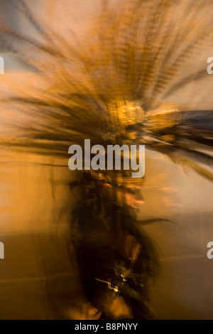 Closeup of Aztec Dancer in Motion, Day of the Dead Celebration Stock Photo