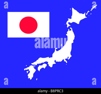 Island of Japan map outline and flag isolated in white on blue background with clipping path Stock Photo