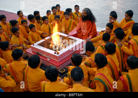 The Ganga Aarti ceremony. Rishikesh, Uttaranchal, India Stock Photo