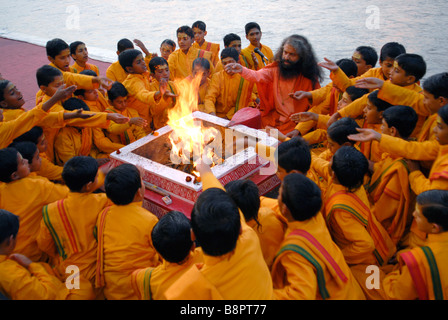 The Ganga Aarti ceremony. Rishikesh, Uttaranchal, India Stock Photo