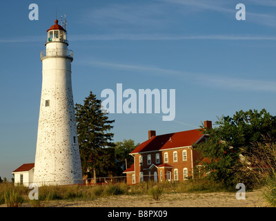 Fort Gratiot Lighthouse in Port Huron Michigan at sunrise. Stock Photo