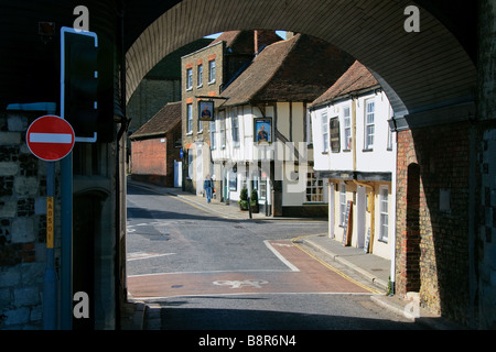 Looking through the exit arch to Sandwich Kent towards the Admiral Owen pub Stock Photo