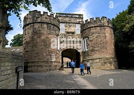 People going into Skipton castle North Yorkshire UK Stock Photo