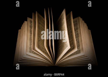Old encyclopaedia lying open, black background Stock Photo