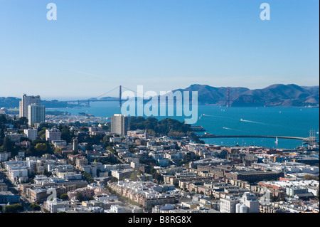 View towards Fisherman's Wharf and Golden Gate Bridge from the top of the Coit Tower, Telegraph Hill, San Francisco, California Stock Photo