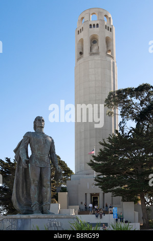 Coit Tower on Telegraph Hill with the statue of Christopher Columbus in the foreground, Pioneer Park, San Francisco, California Stock Photo