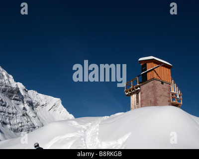 Shot of ski lift hut on snow covered mountain in Calgary, Canada. Stock Photo
