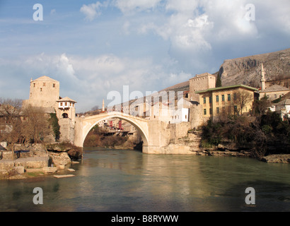 Bosnia and Herzegovina Herzegovina Mostar A common view of Old Bridge over Neretva River Stock Photo