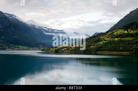 Dawn view in Nordfjord, on sea approach to Olden, Norway Stock Photo