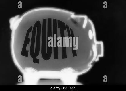Negative Equity Concept using a empty Piggy Bank titled 'EQUITY' and the image produced as a negative Stock Photo